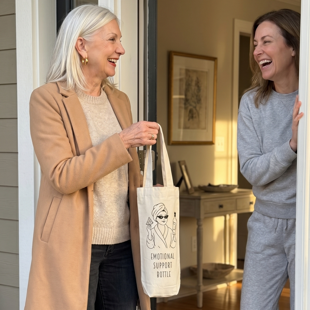 Two women laughing, one holding a tote bag with a graphic design and text.