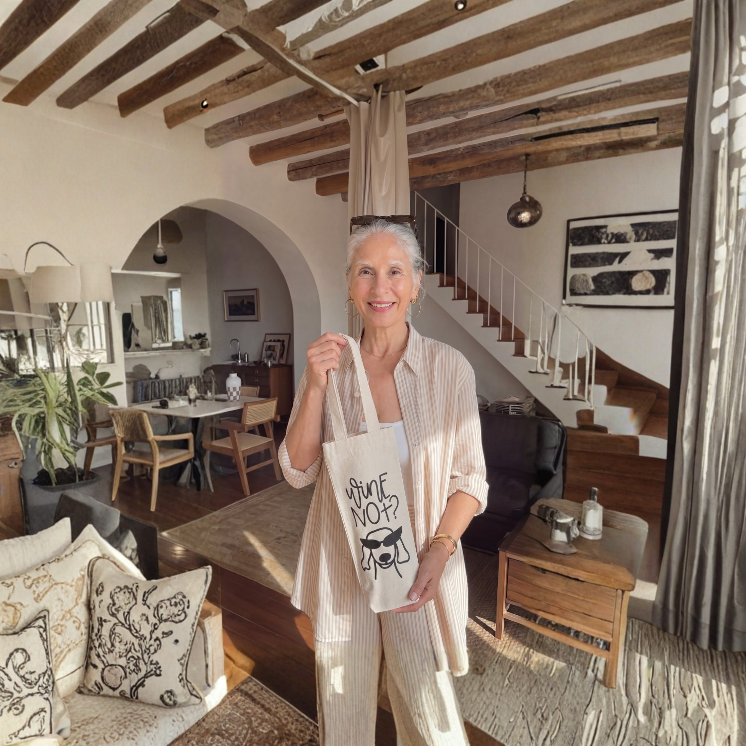 Woman holding a tote bag in a stylish living room with wooden beams and modern decor.