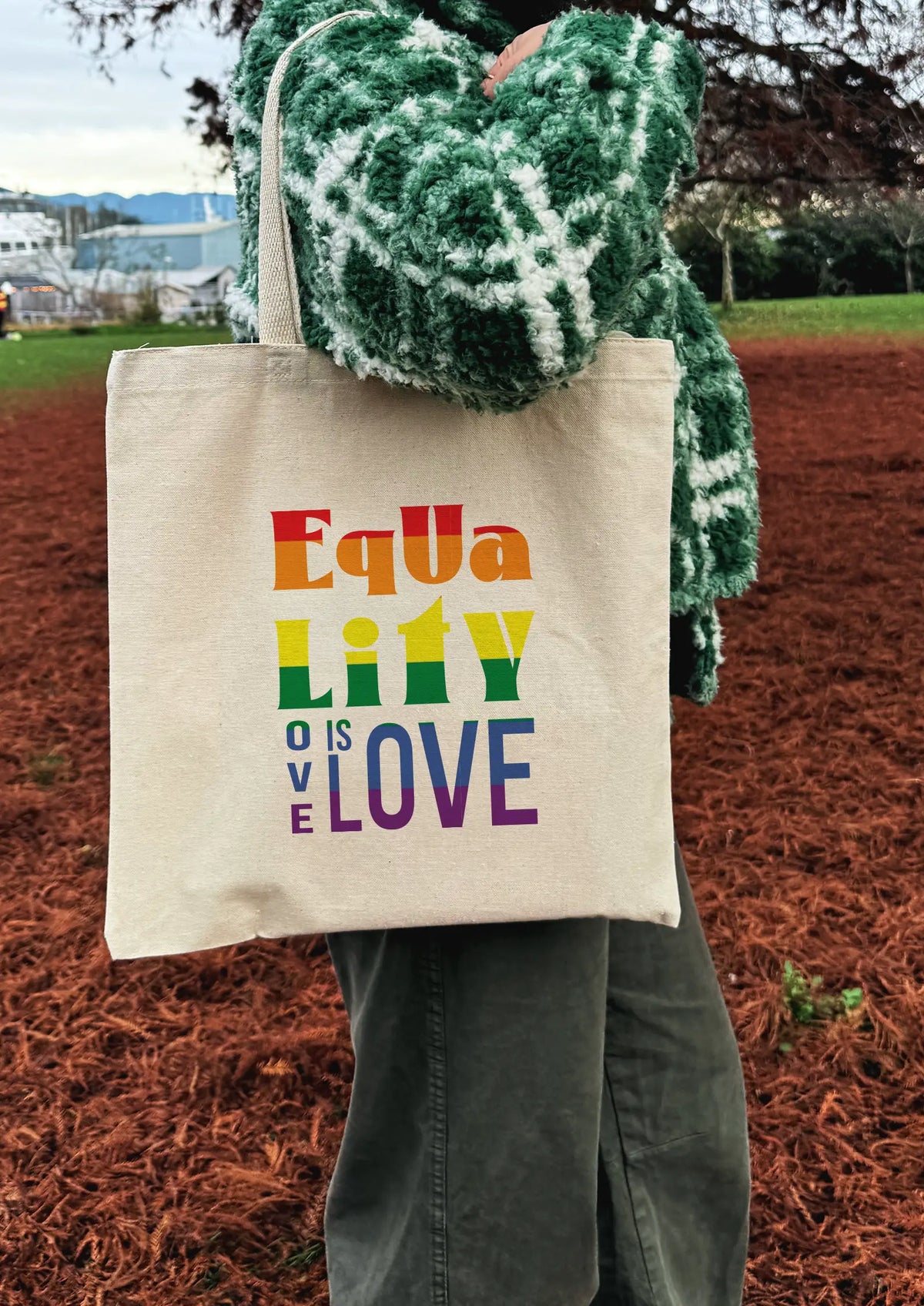 Person holding a tote bag with 'Equality is Love' message outdoors.