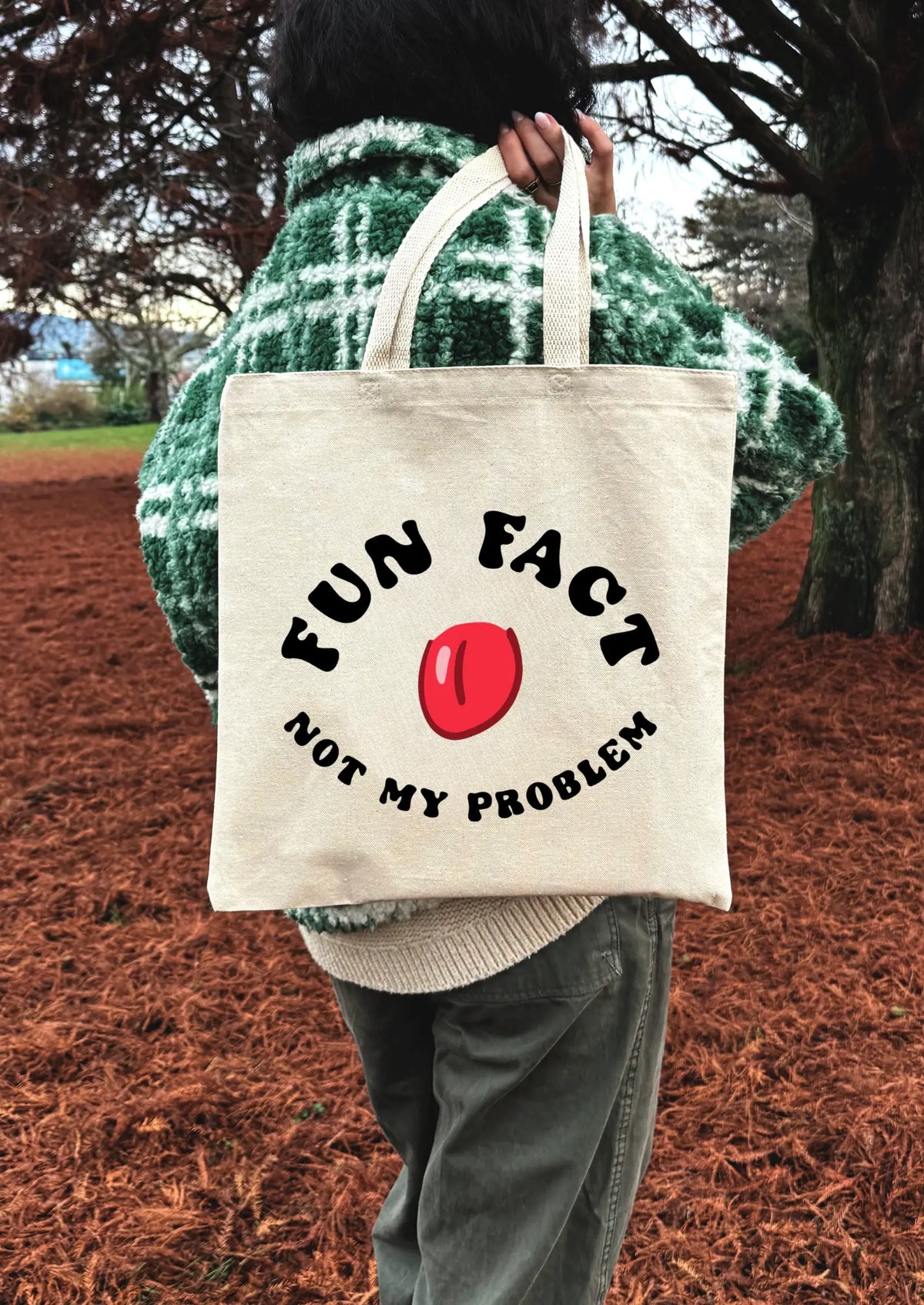 Person holding a tote bag with 'Fun Fact Not My Problem' text and red apple graphic outdoors.