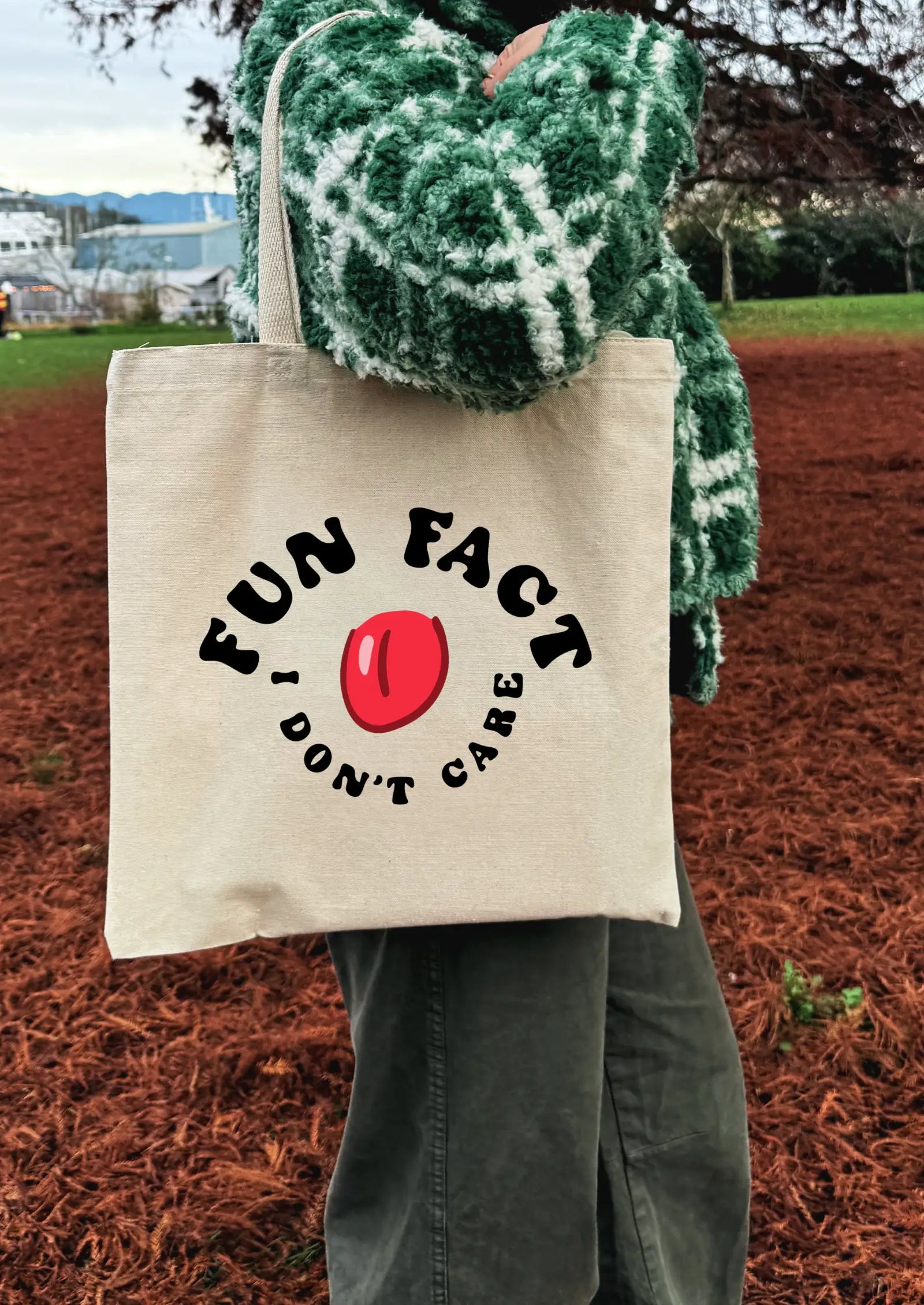 Person holding a tote bag with 'Fun Fact I Don't Care' design outdoors.